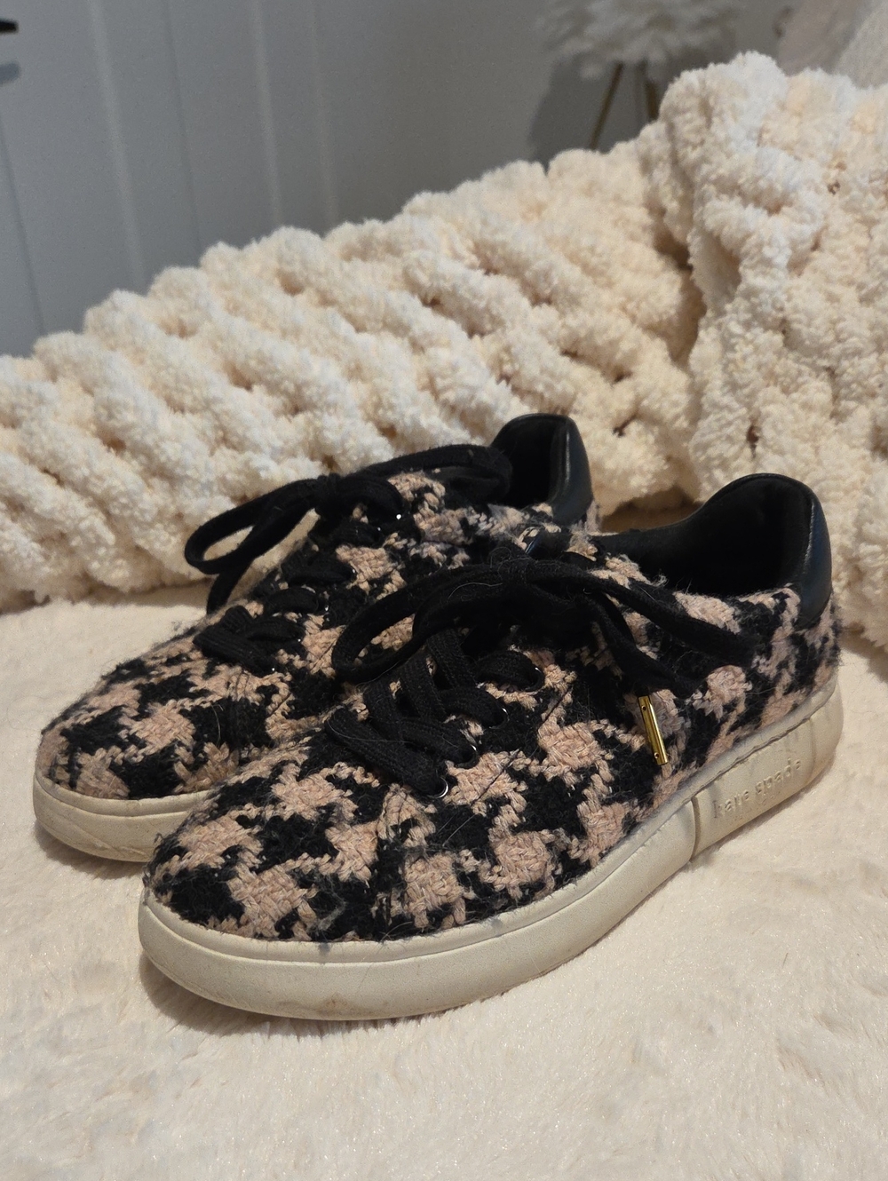 kate spade black and blush houndstooth tweed sneakers